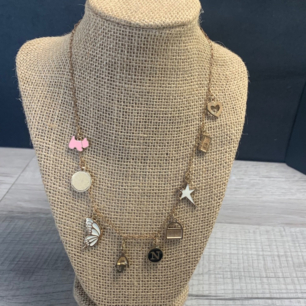 Gold Tone Multi Charm Station Necklace Pink Scottie Dog Butterfly Initial N 18in